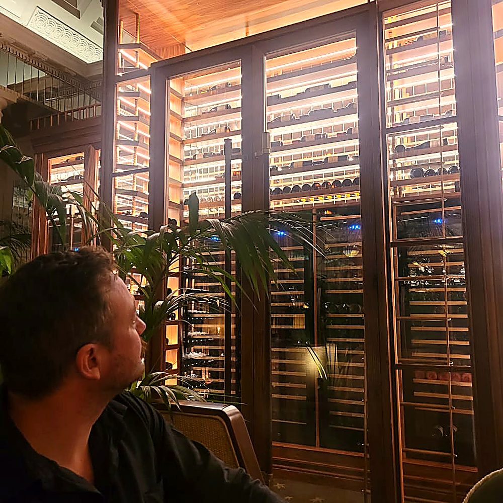 Looking up at the wine cellar at Amura, Mount Nelson