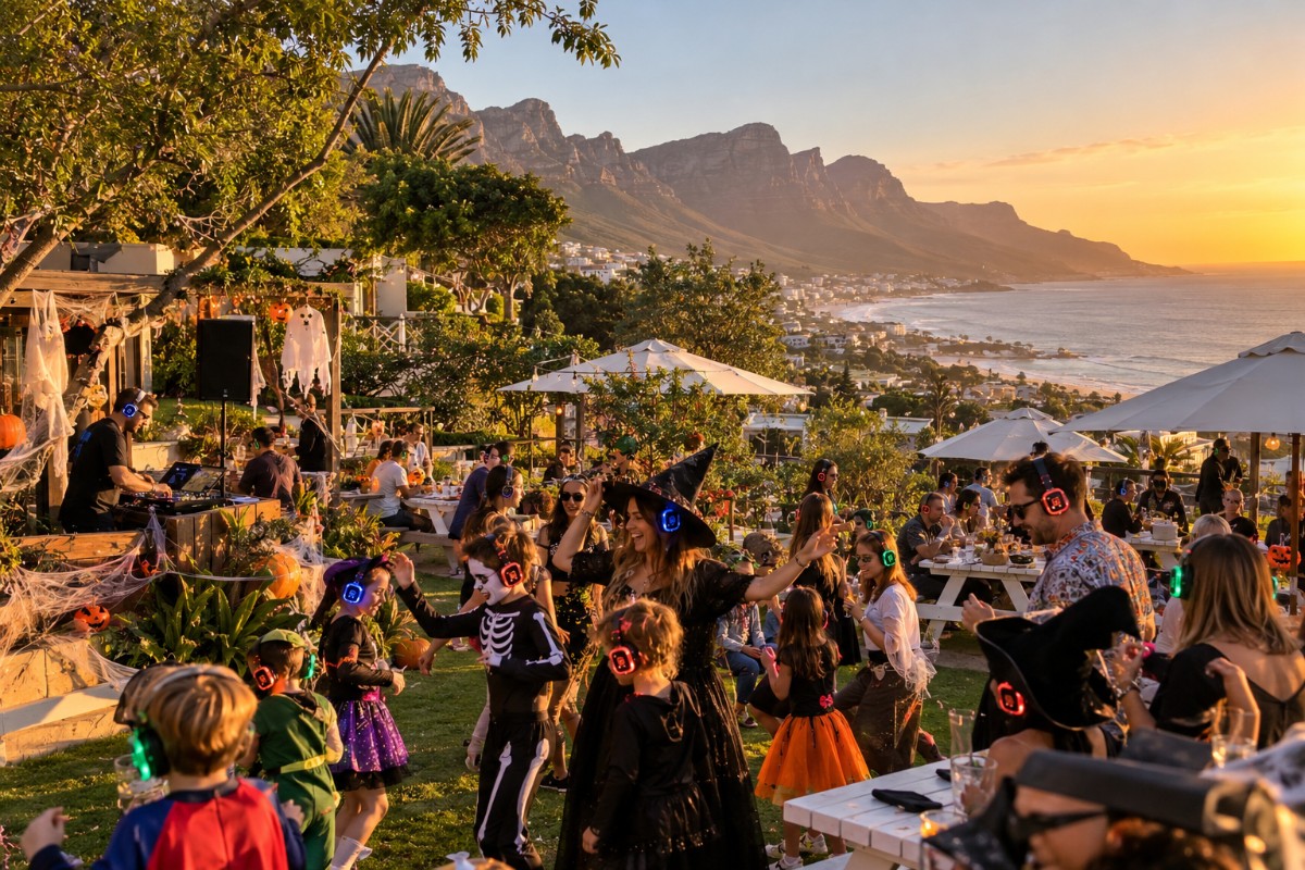 Costumed families dancing in silent disco headphones at sunset above Camps Bay