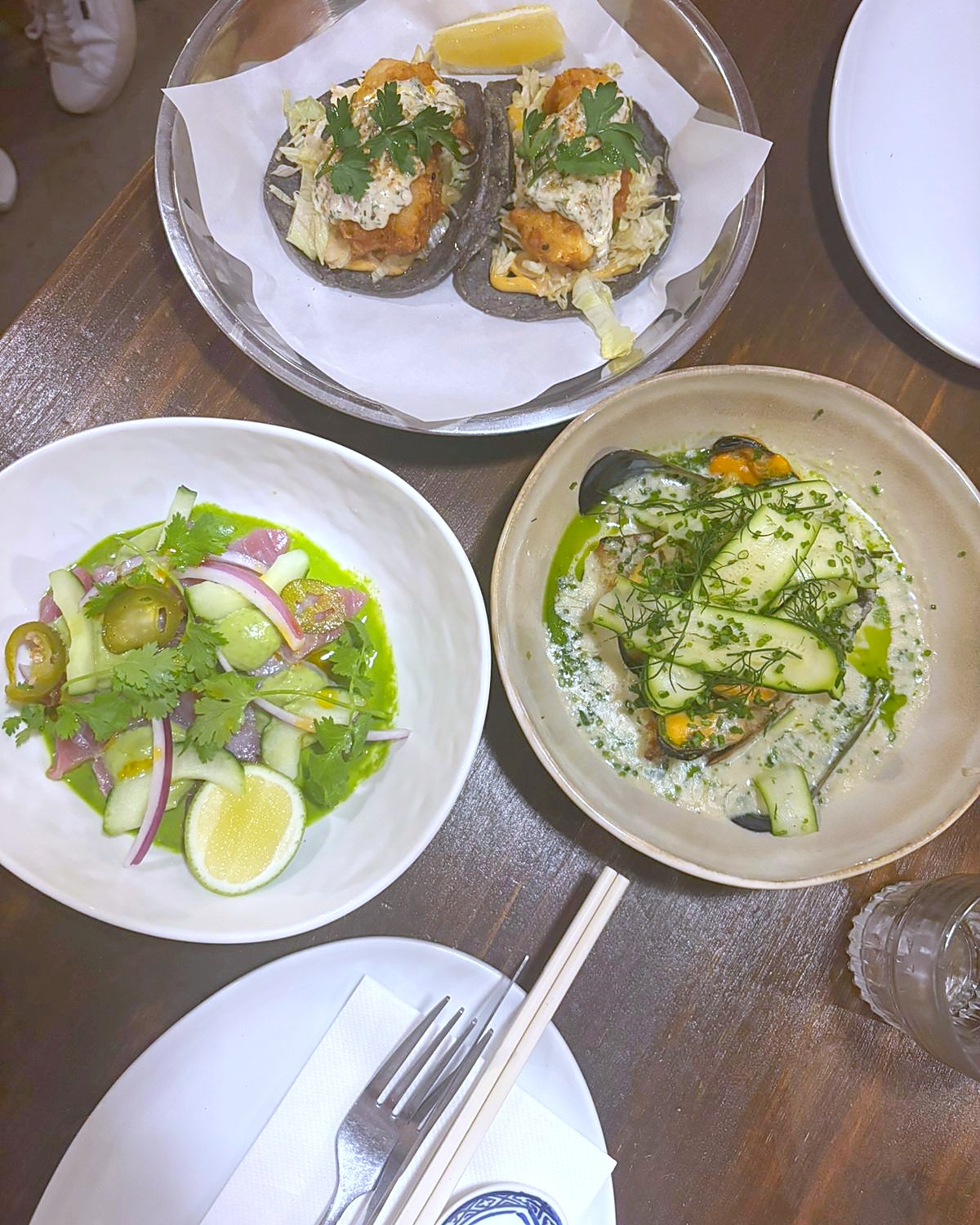 Fish tacos, tuna ceviche and mussels at The Melting Pot