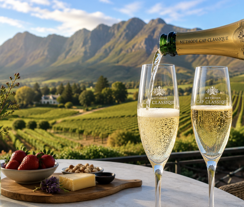 Cap classique being poured with Winelands mountains behind